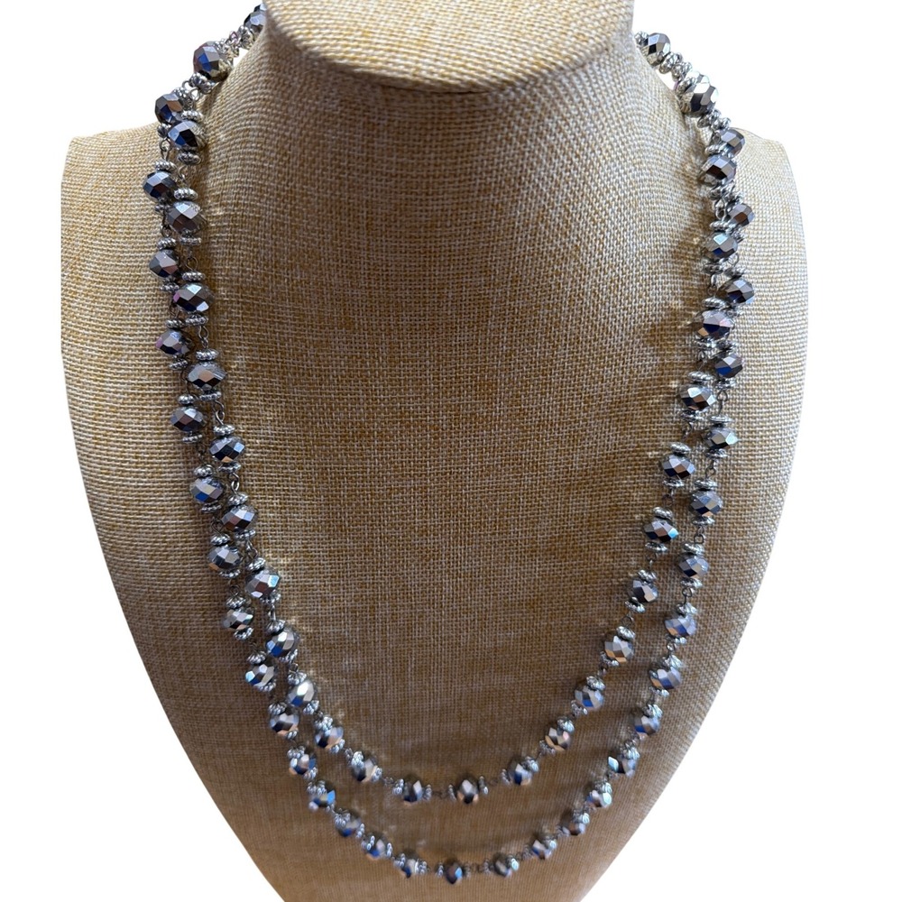 Metallic Silver Faceted Beaded Long Strand Layering Necklace Loop Glam Shimmer